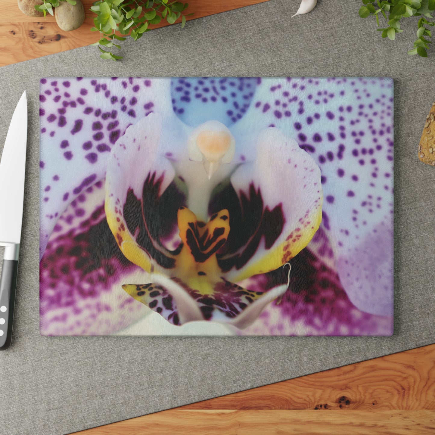 Purple Orchid Macro Glass Cutting Board - Floral Kitchen Decor