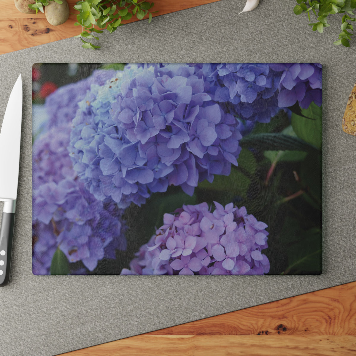 Purple Hydrangea Glass Cutting Board - Floral Kitchen Decor