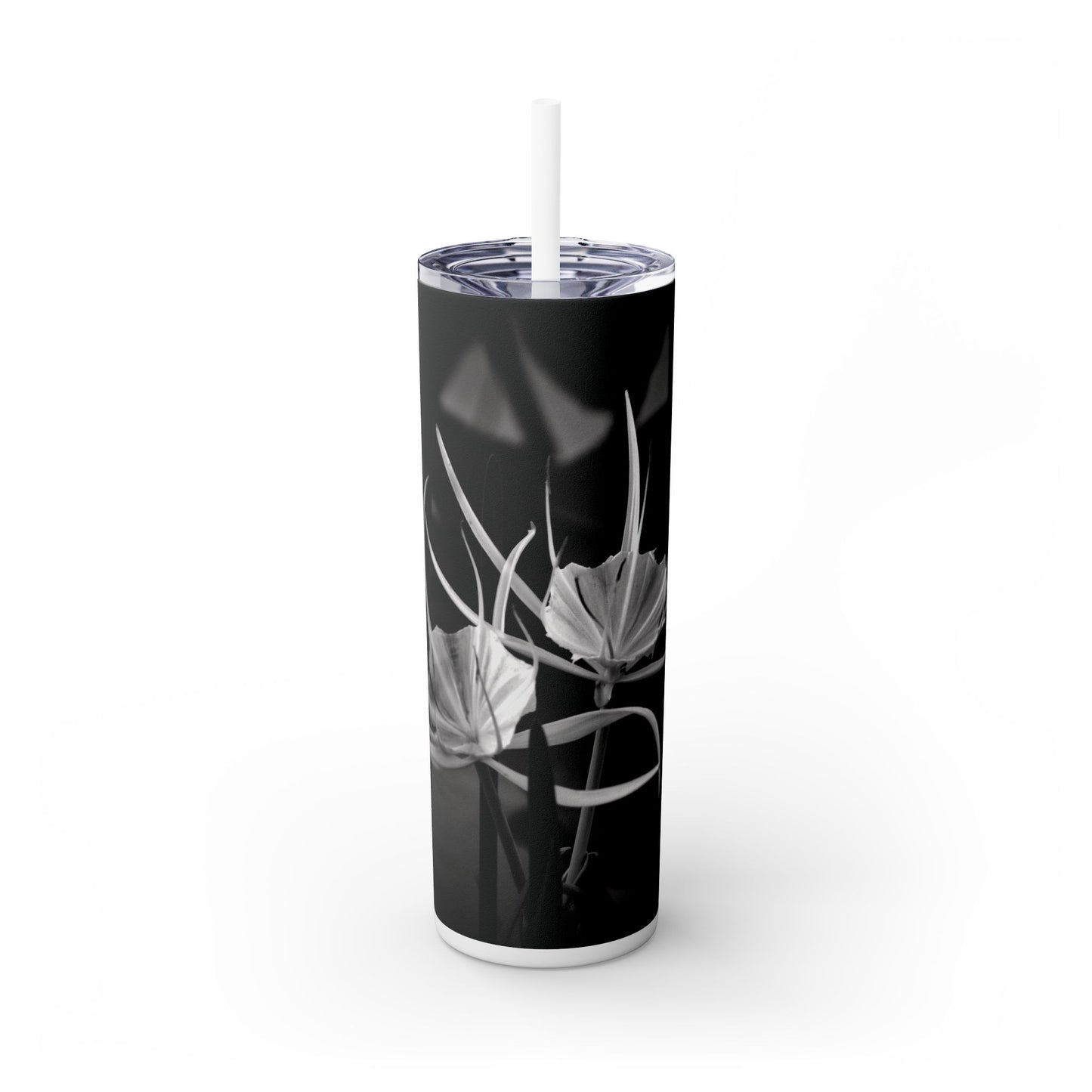 20 oz. Skinny Tumbler with Straw Featuring Kim A. Bailey's Most Popular Black and White Photograph "Alligator Lily"
