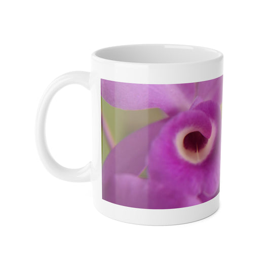 White Ceramic Mug, 11 oz "Purple Orchids" by Kim A. Bailey