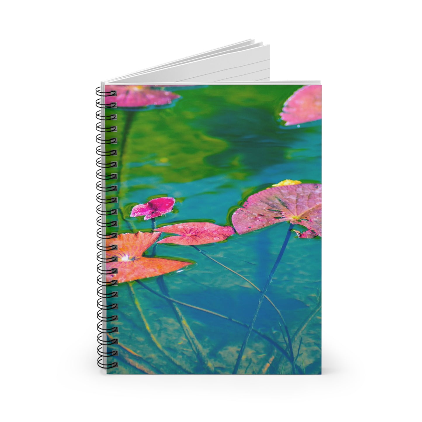 Spiral Notebook "Water Lilies (Pink and Green)" Photograph by Kim A. Bailey - Ruled Line with Pocket