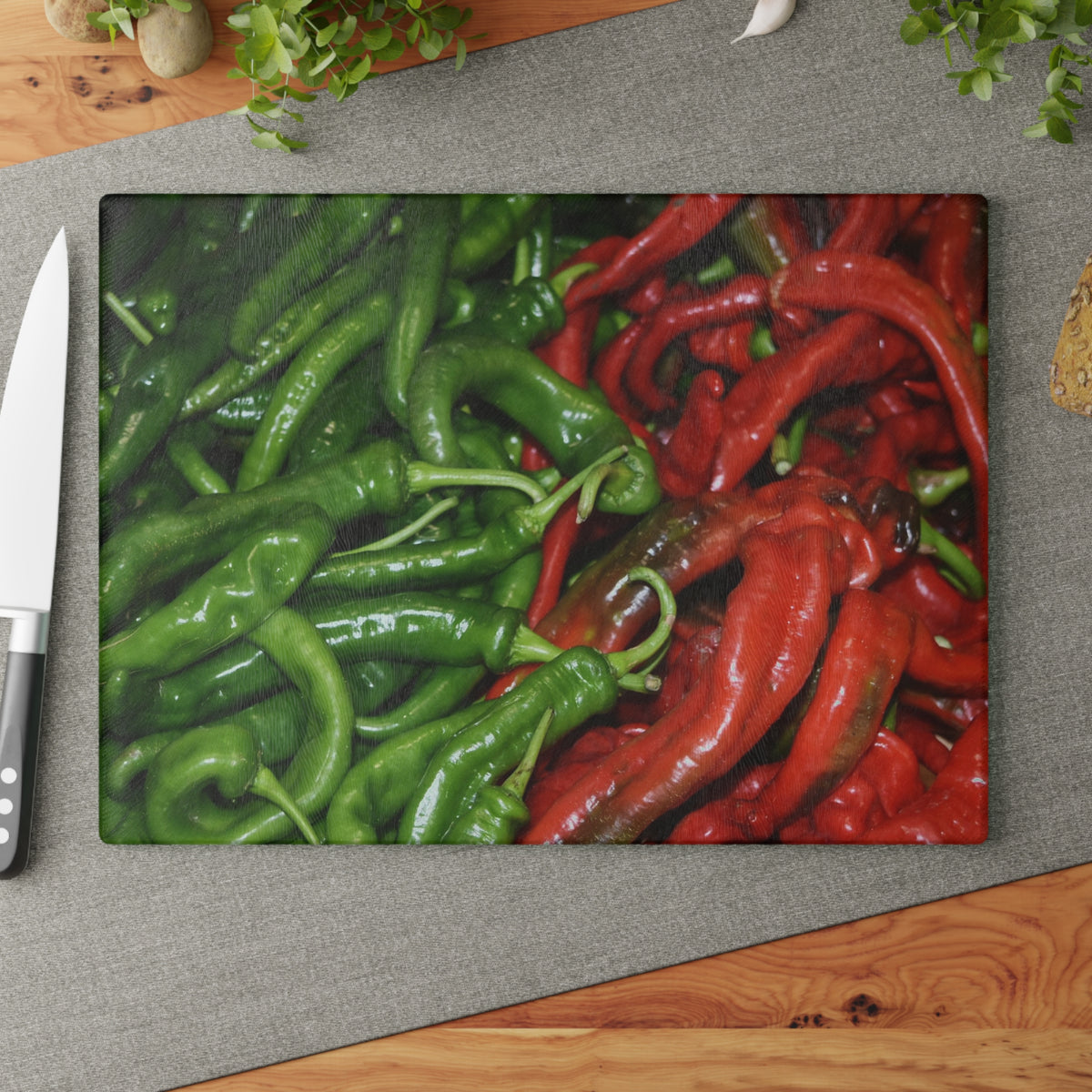 Glass Cutting Board - Red and Green Chili Peppers Kitchen Decor