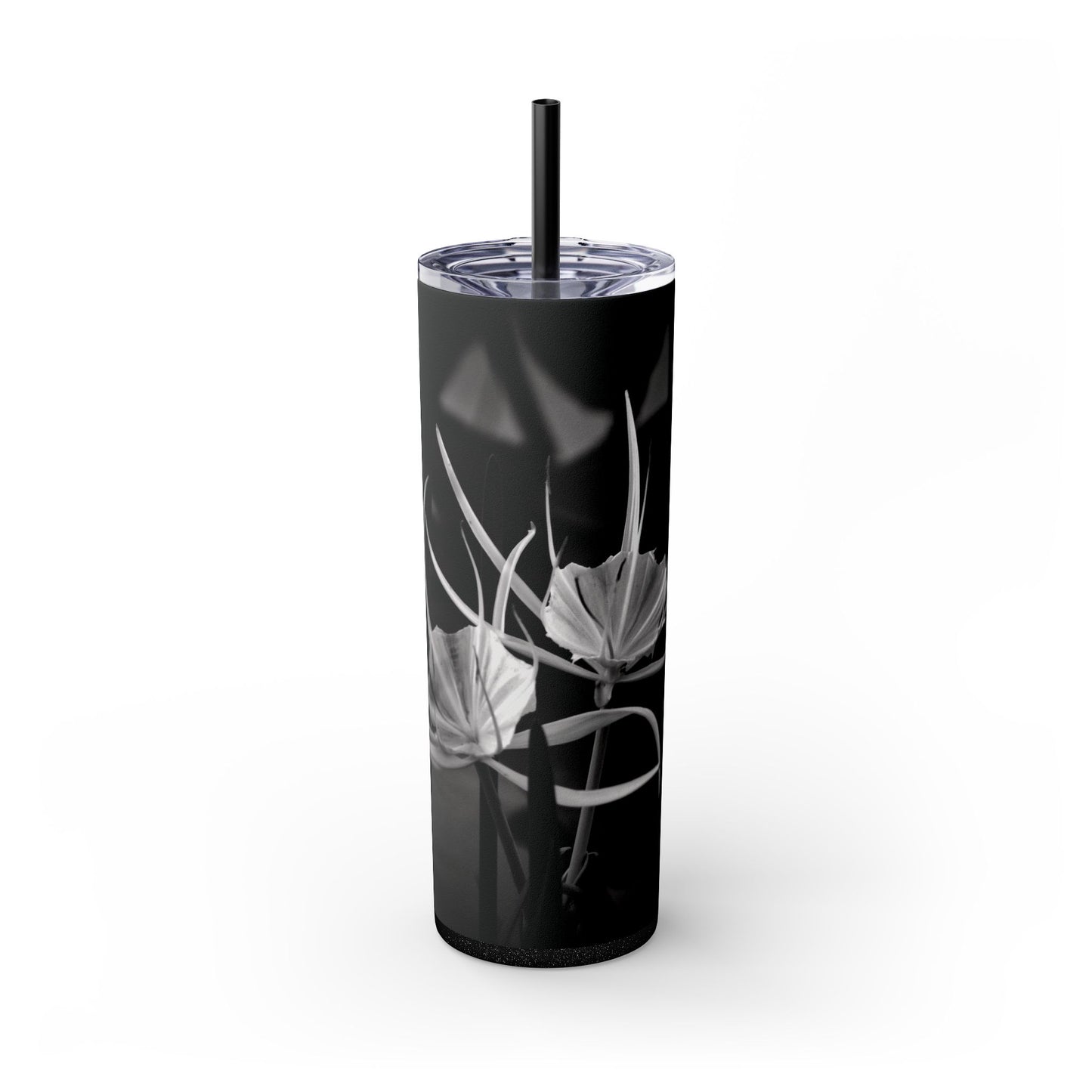 20 oz. Skinny Tumbler with Straw Featuring Kim A. Bailey's Most Popular Black and White Photograph "Alligator Lily"