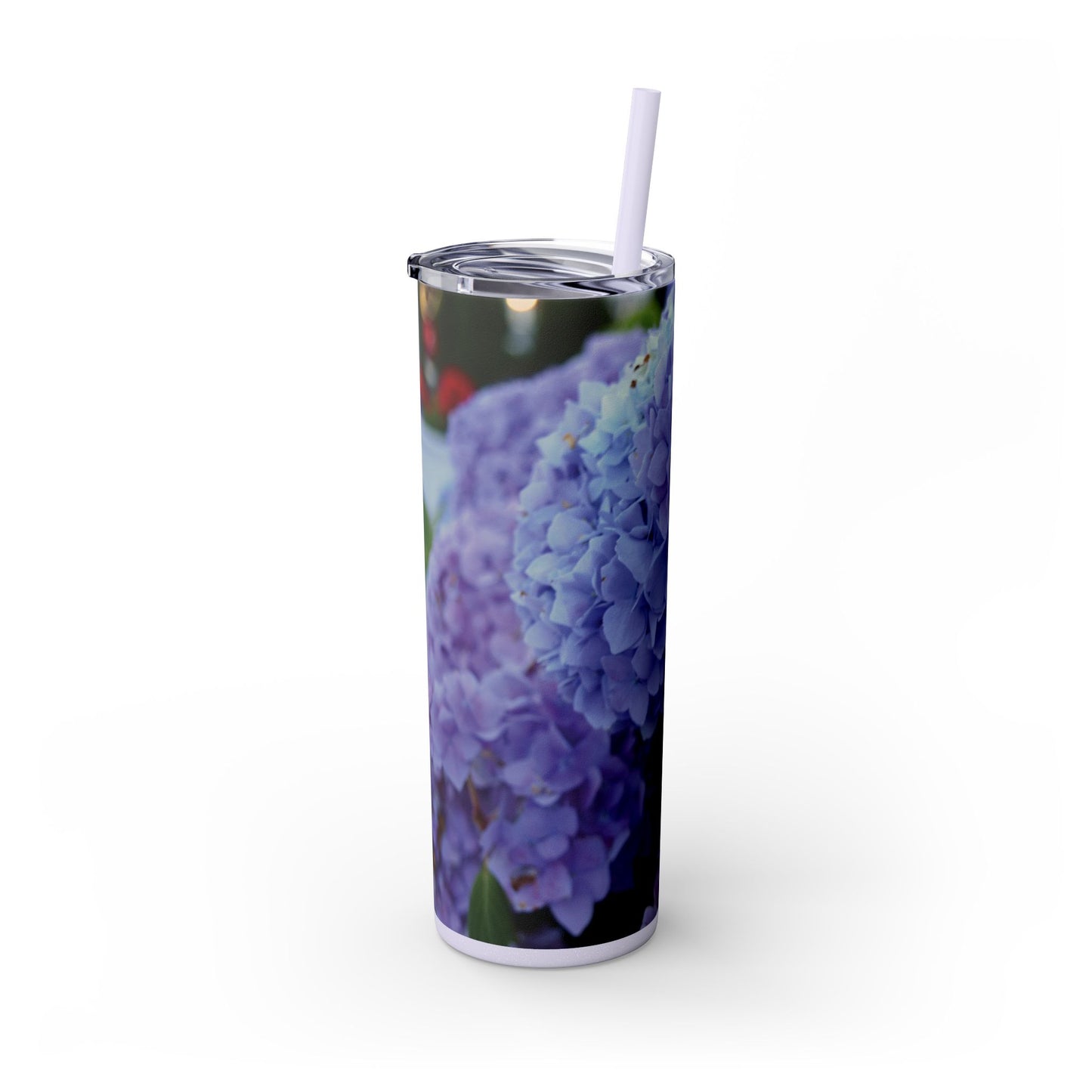 20 oz. Skinny Tumbler with Straw Featuring "Blue Hydrangeas" Photograph by Kim A. Bailey