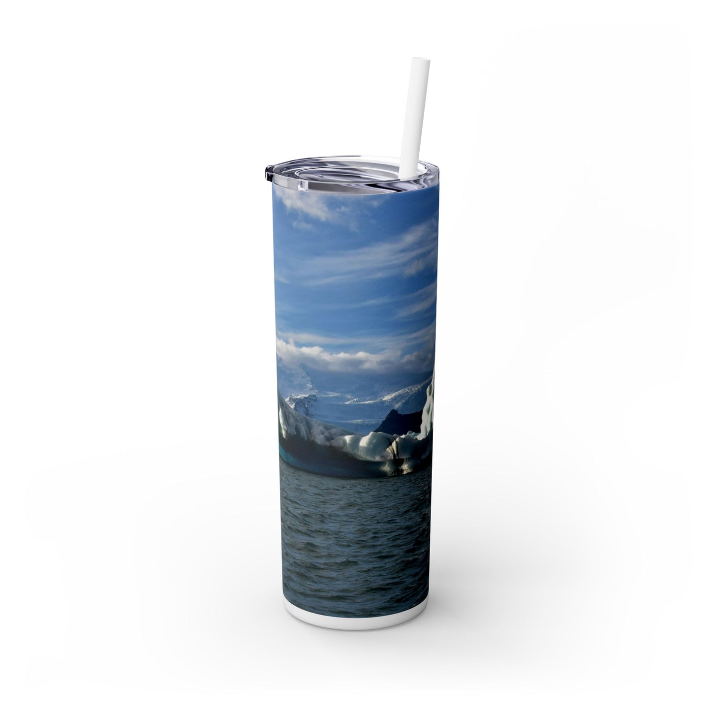 20 oz. Skinny Tumbler with Straw Featuring "Blue Glacial Ice" An Original Photograph by Kim A. Bailey