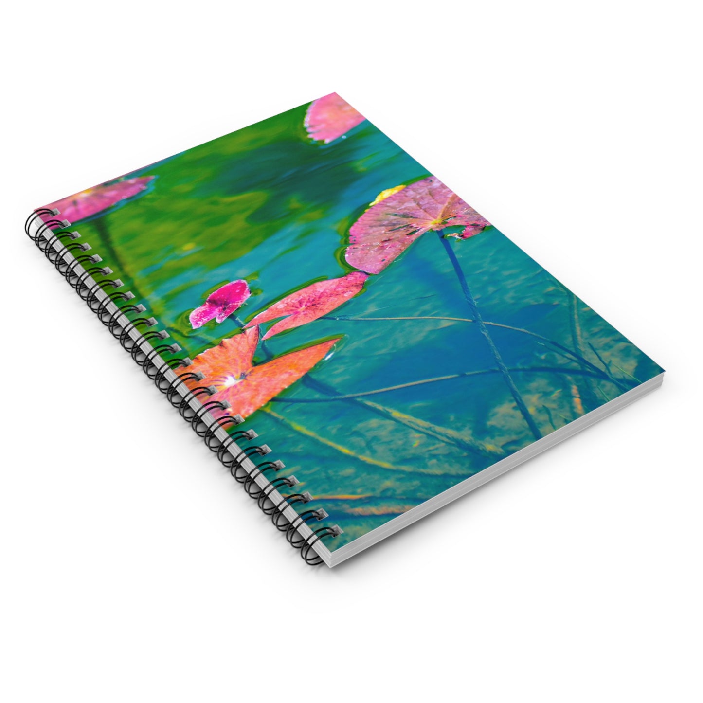 Spiral Notebook "Water Lilies (Pink and Green)" Photograph by Kim A. Bailey - Ruled Line with Pocket