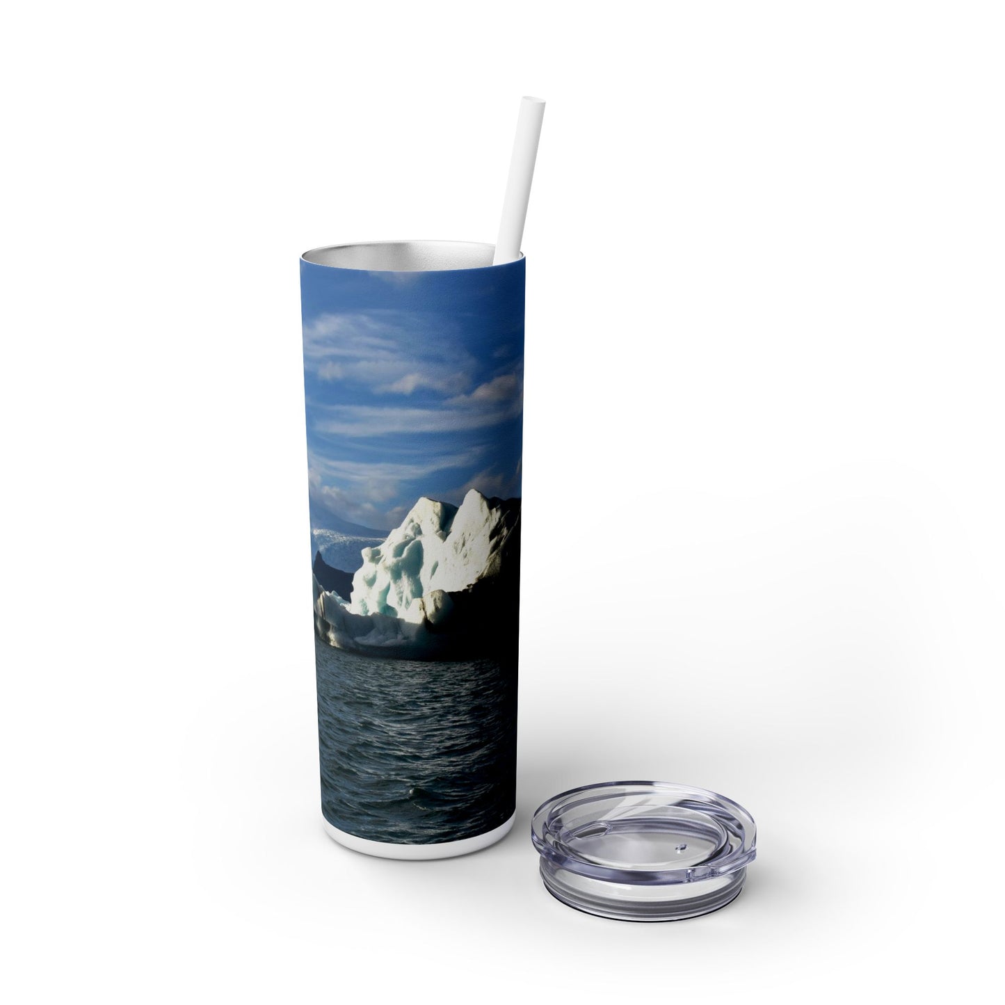 20 oz. Skinny Tumbler with Straw Featuring "Blue Glacial Ice" An Original Photograph by Kim A. Bailey