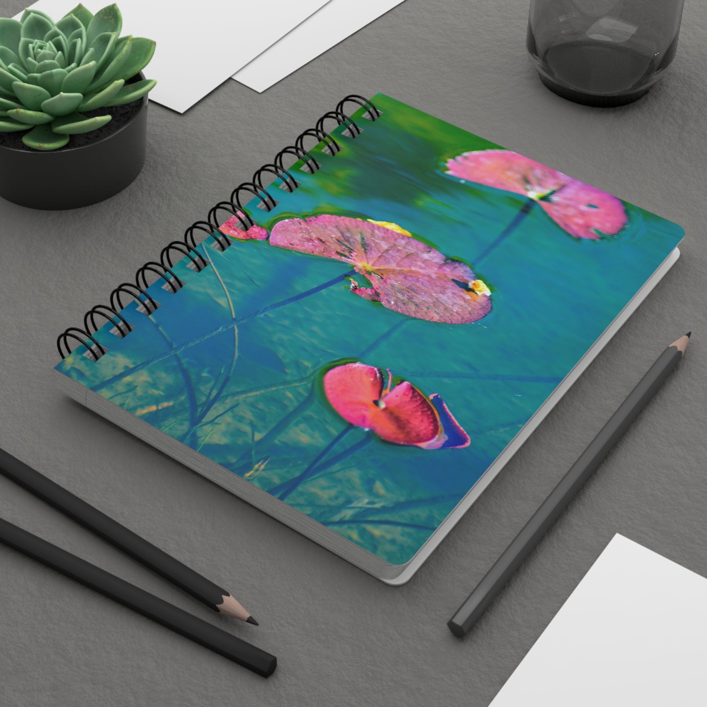 Spiral Notebook "Water Lilies (Pink and Green)" Photograph by Kim A. Bailey