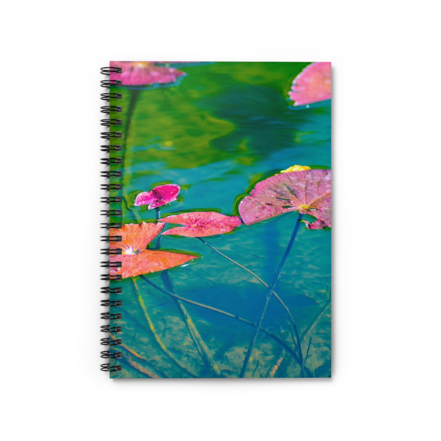 Spiral Notebook "Water Lilies (Pink and Green)" Photograph by Kim A. Bailey - Ruled Line with Pocket