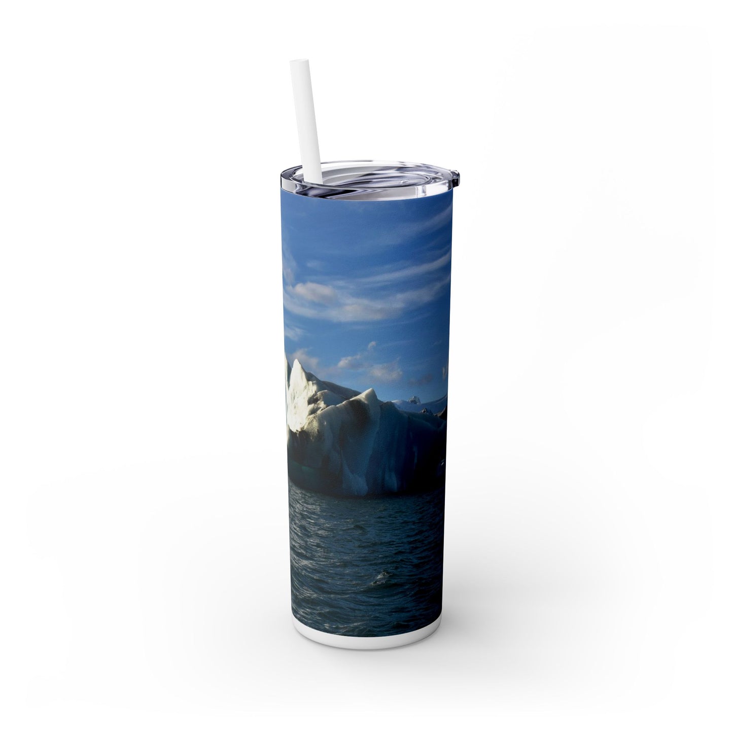 20 oz. Skinny Tumbler with Straw Featuring "Blue Glacial Ice" An Original Photograph by Kim A. Bailey