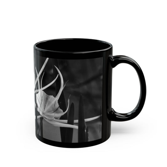 Black Floral Photo Mug — Monochrome Alligator Lily Coffee Cup (11oz/15oz)