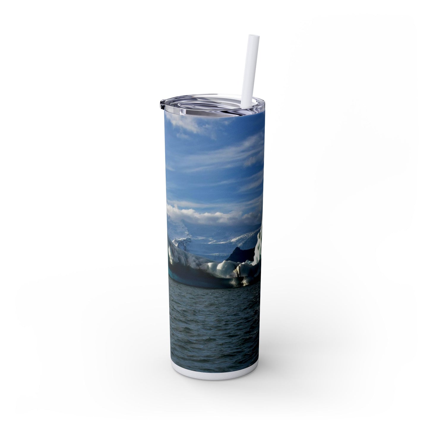 20 oz. Skinny Tumbler with Straw Featuring "Blue Glacial Ice" An Original Photograph by Kim A. Bailey
