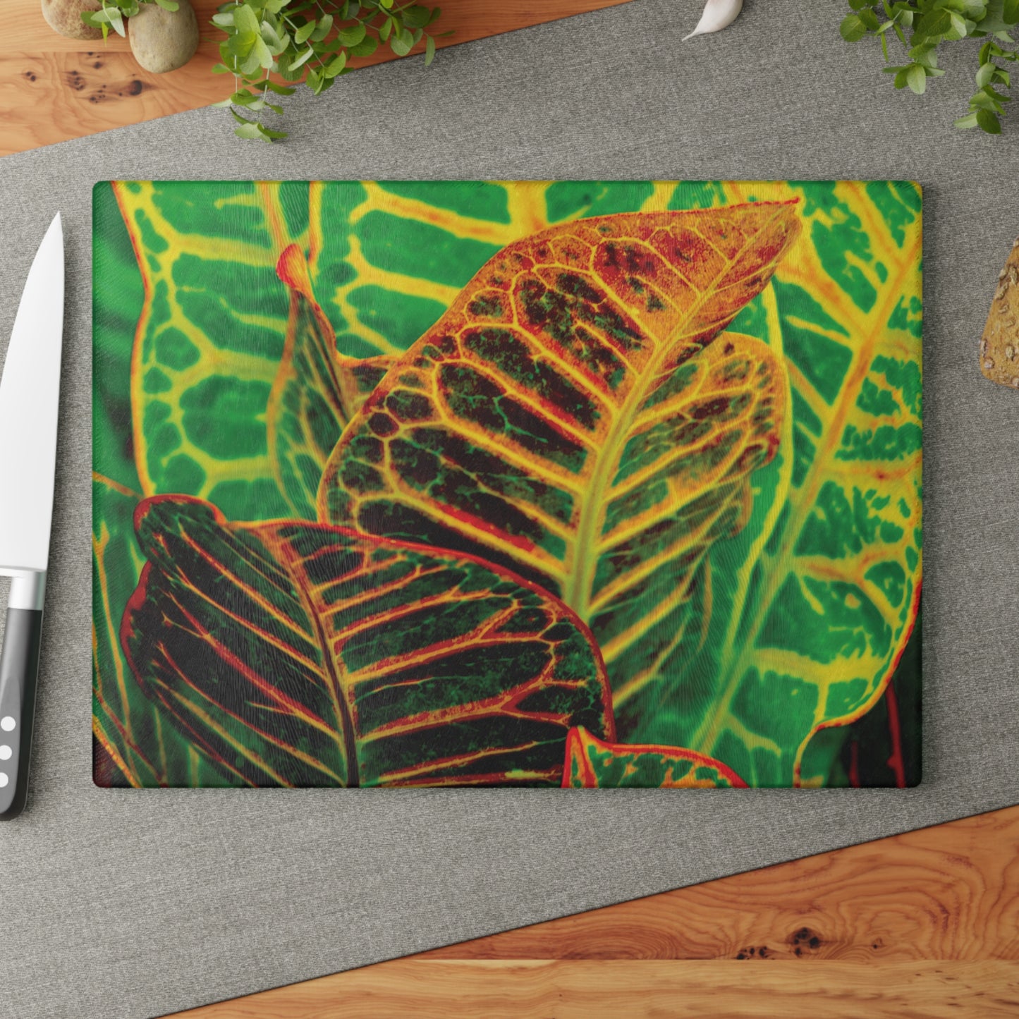 Tropical Croton Leaves Glass Cutting Board - Botanical Kitchen Décor