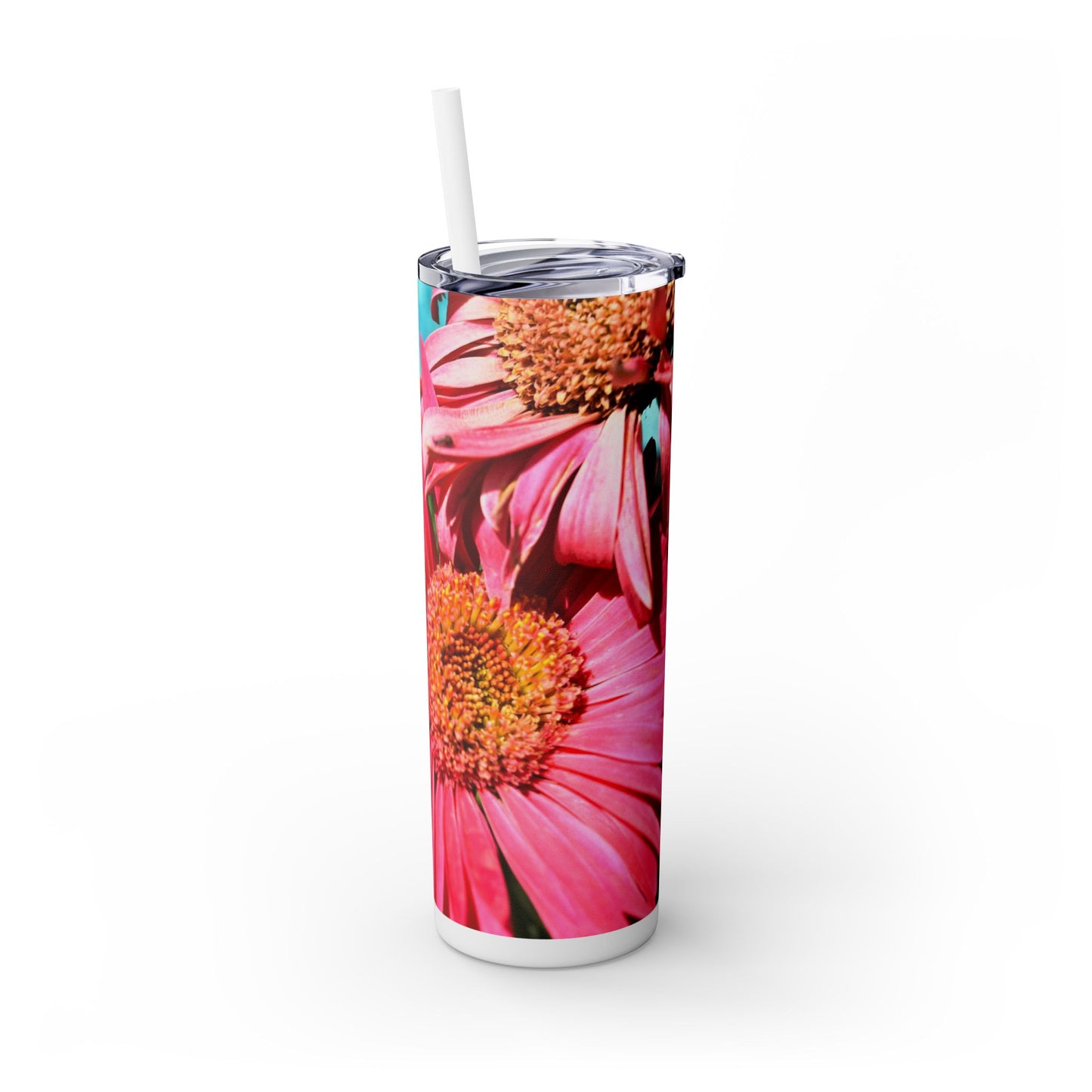 Skinny Tumbler with Straw, 20 oz. "Pink Daisies" by Kim A. Bailey