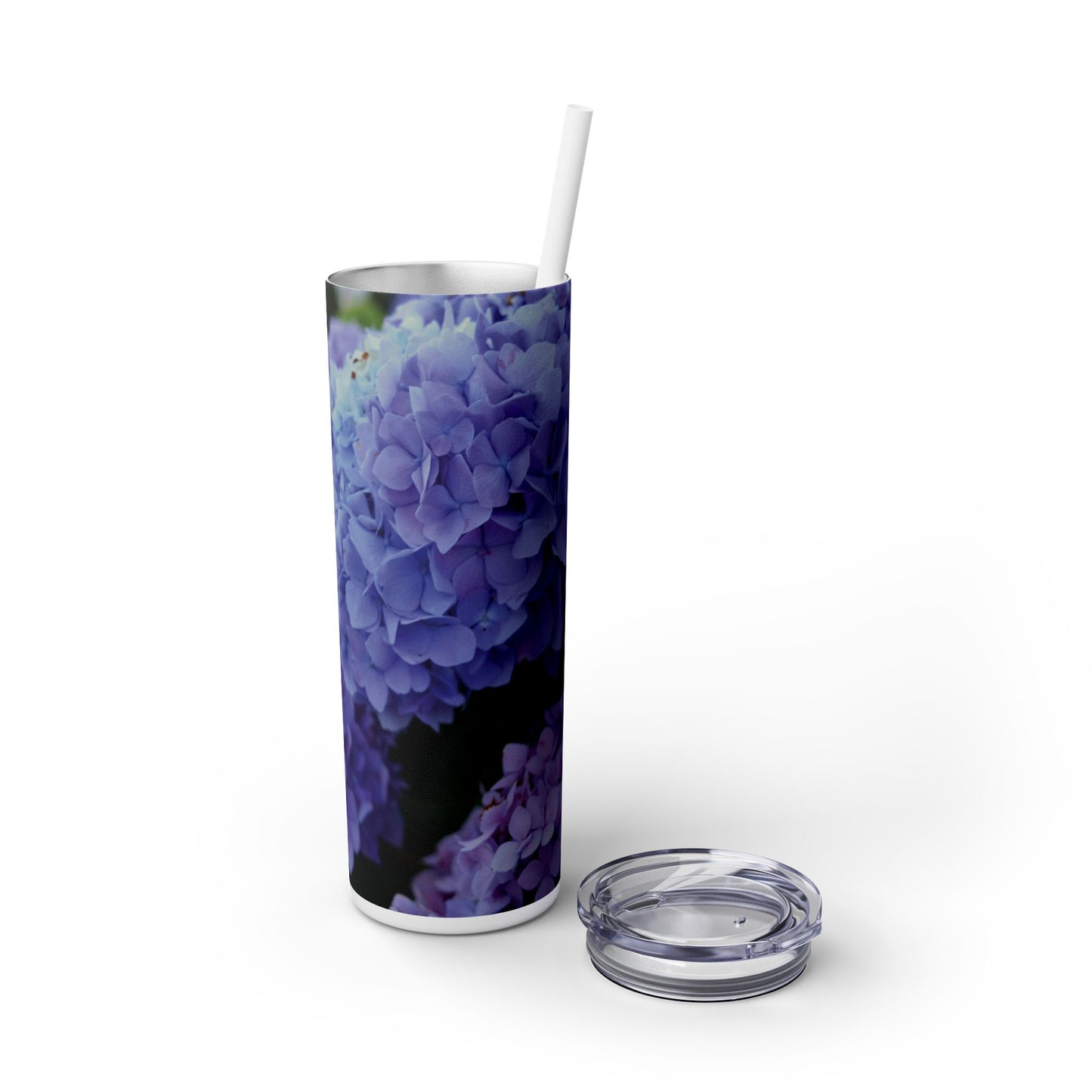 20 oz. Skinny Tumbler with Straw Featuring "Blue Hydrangeas" Photograph by Kim A. Bailey