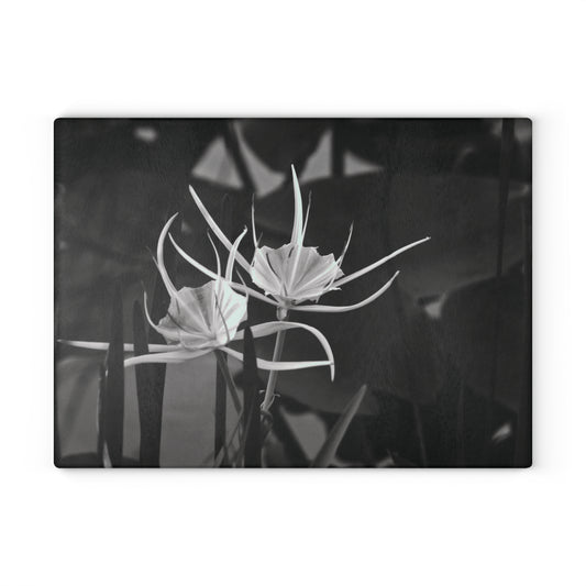 Glass Cutting Board — Black and White Alligator Lily Floral Kitchen Decor