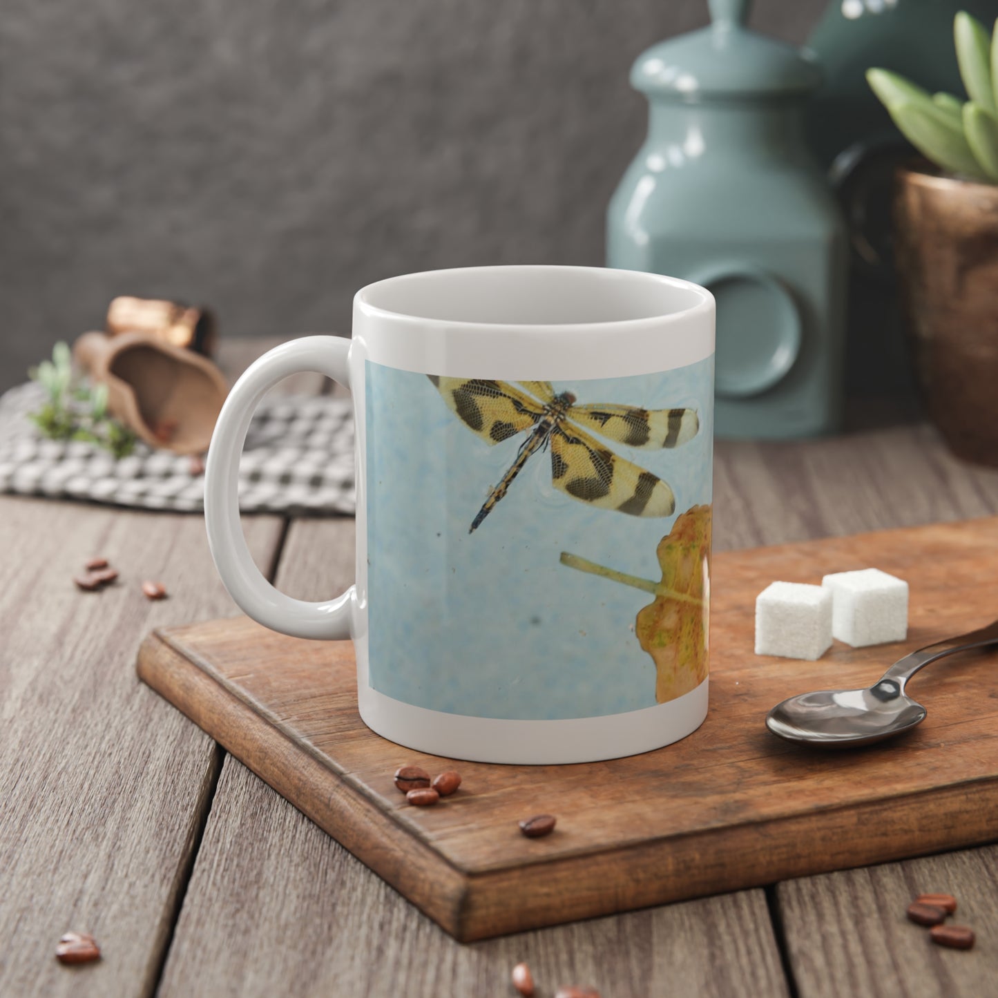 Ceramic Mug, 11oz "Dragonfly and Leaf" Nature Photograph by Kim A. Bailey