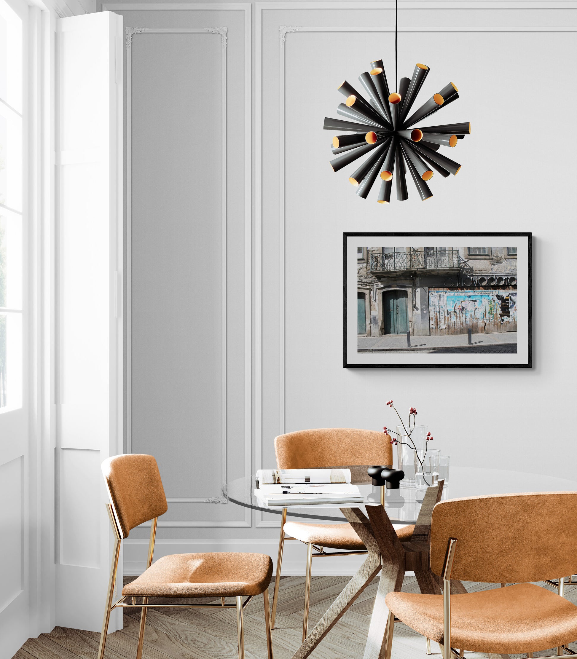 Modern dining room with a unique pendant light and framed picture on the wall. Abandoned Store, Porto, Portugal, Original Photograph by Kim A. Bailey