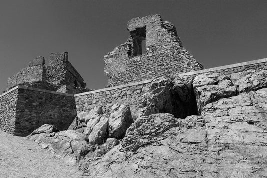 Black and white photograph of stone ruins on an olive farm in Portugal. B/W Ruins on Olive Farm - Portugal, Original Photograph by Kim A. Bailey