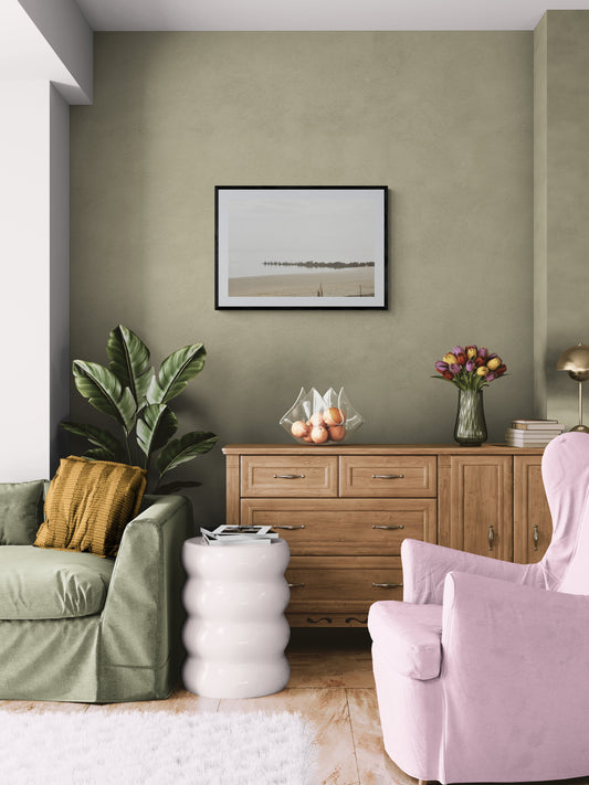 Birds_on_Rocky_Shore_Original_Photograph_by_Kim_A._Bailey in a living room with green and pink chairs, wooden cabinet, and plant.