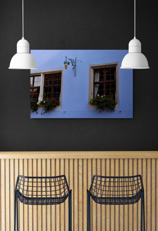 Blue-Wall-with-Windows-and-Gold-Grapes Original Photograph by Kim A. Bailey Hanging in a Cafe