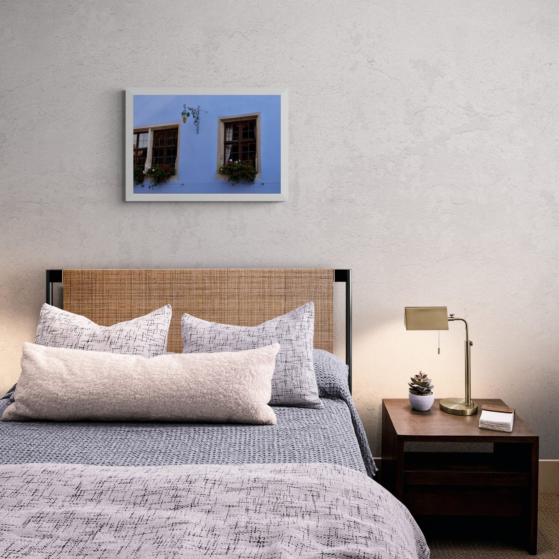 Blue-Wall-with-Windows-and-Gold-Grapes Original Photograph by Kim A. Bailey Hanging over Bed