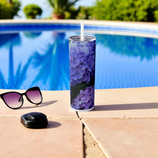 20 oz. Skinny Tumbler with Straw Featuring "Blue Hydrangeas" Photograph by Kim A. Bailey