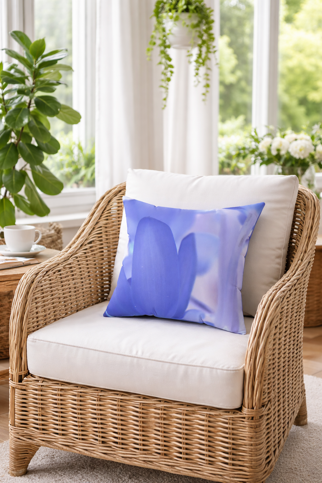 Blue and White Orchid Faux Suede Square Pillow