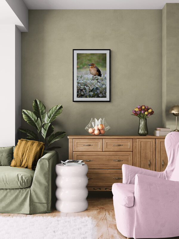 Living room with a bird photograph on the wall, green sofa, pink armchair, and wooden cabinet.