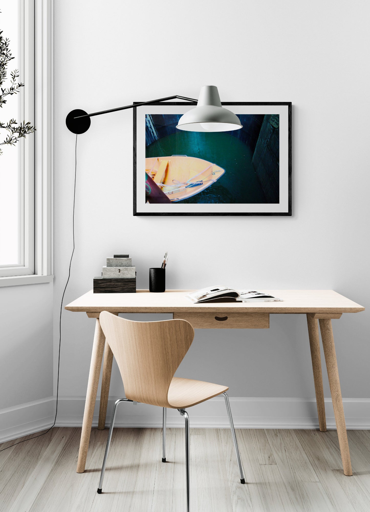 Minimalist desk setup with a lamp, chair, and artwork in a modern home office. Boat in a Lock - Portugal, Original Photograph by Kim A. Bailey