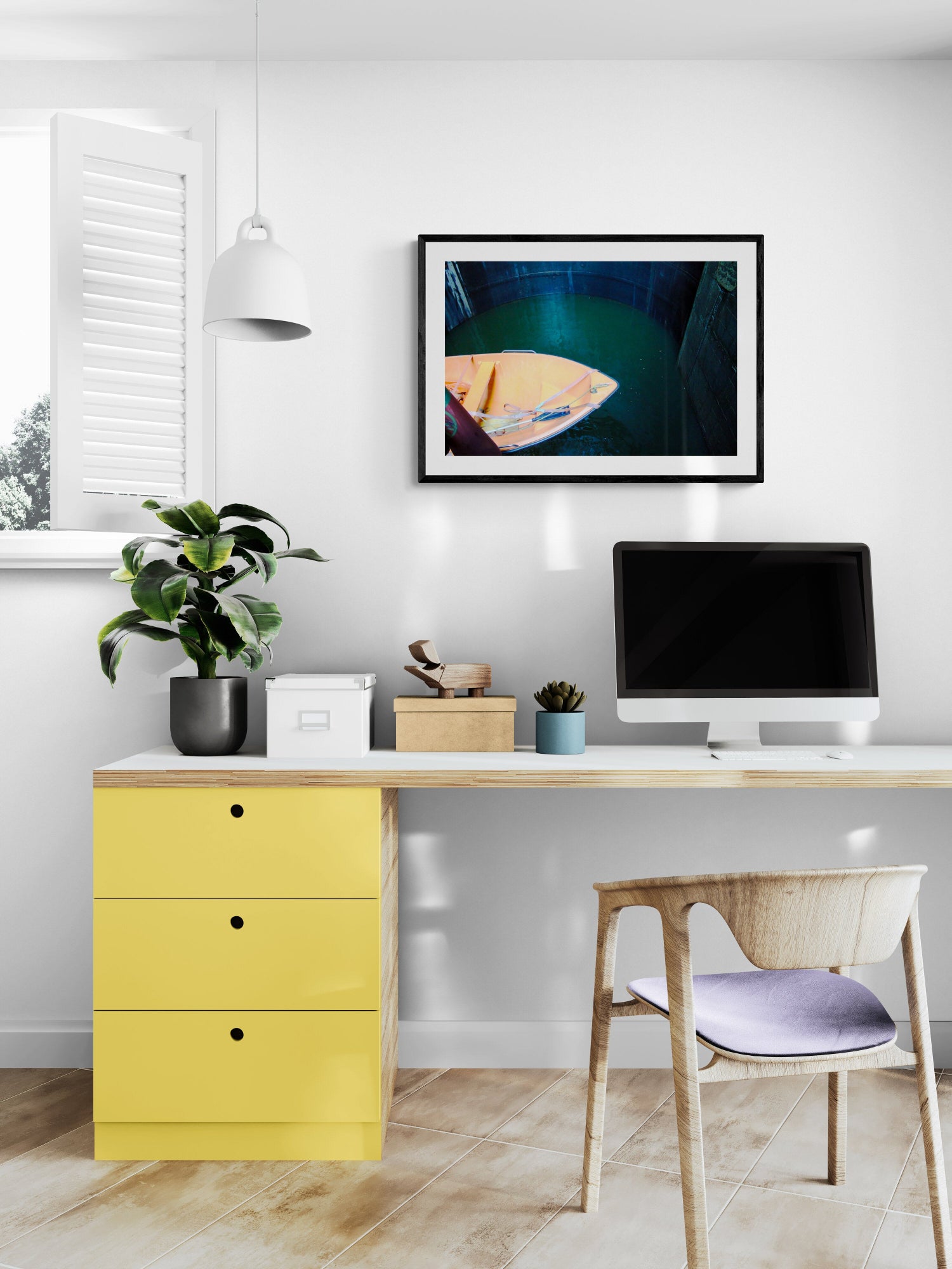 Modern home office with a yellow drawer, desk, and chair. Boat in a Lock - Portugal, Original Photograph by Kim A. Bailey
