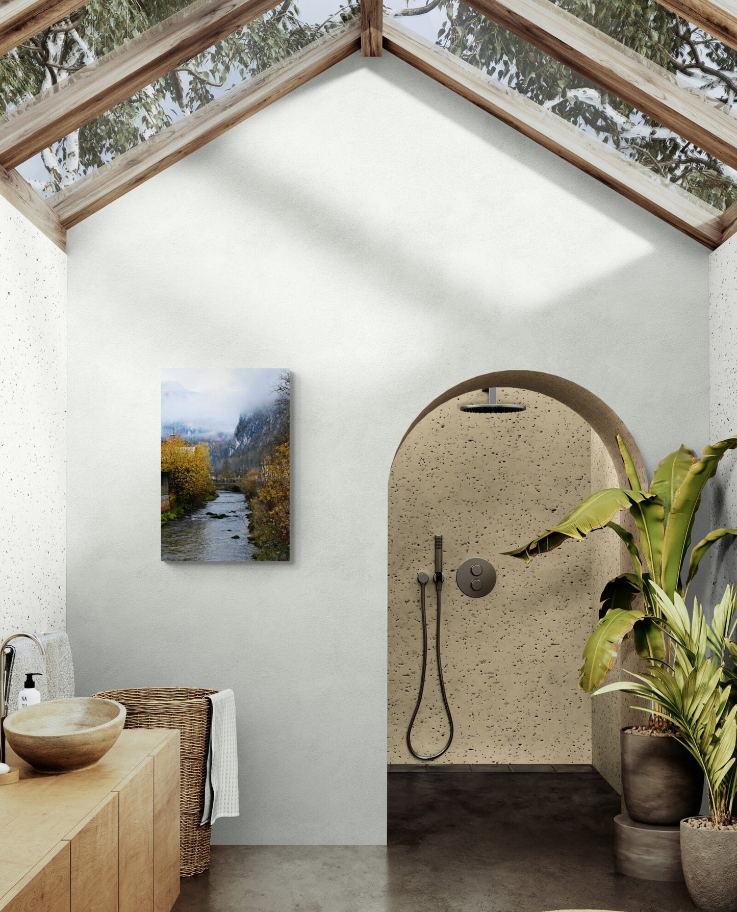 Bridge Over River in Hallstatt Original Photograph by Kim A. Bailey Hanging in a large bathroom