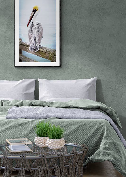 Bedroom with green bedding and a pelican picture on the wall. Brown Pelican with Yellow Head, Original Photograph by Kim A. Bailey