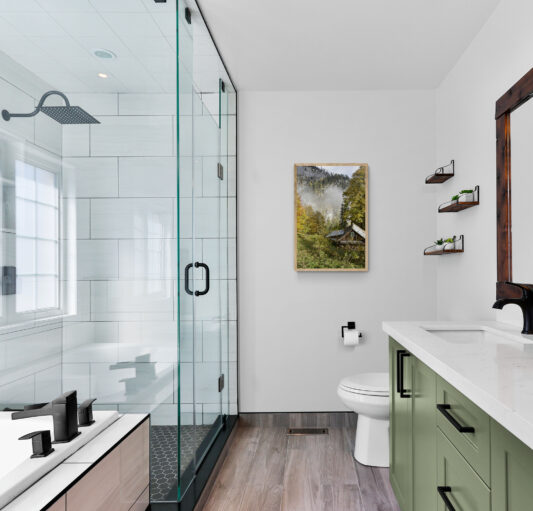 Cabin in Hallstatt, Original Photograph by Kim A. Bailey in a bathroom