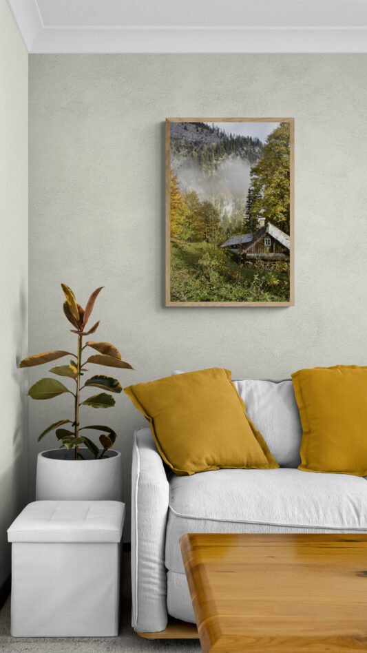 Cabin in Hallstatt, Original Photograph by Kim A. Bailey in a living room