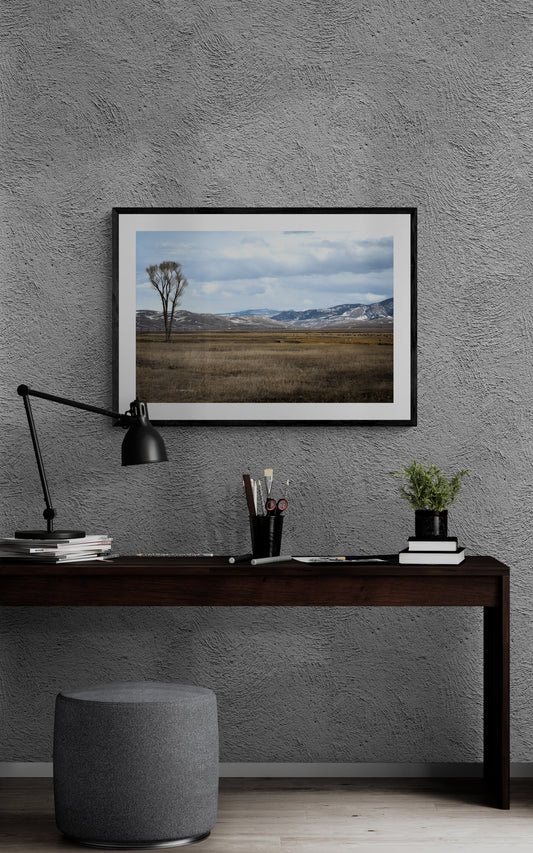 Minimalist desk setup against a gray wall with a framed landscape print.