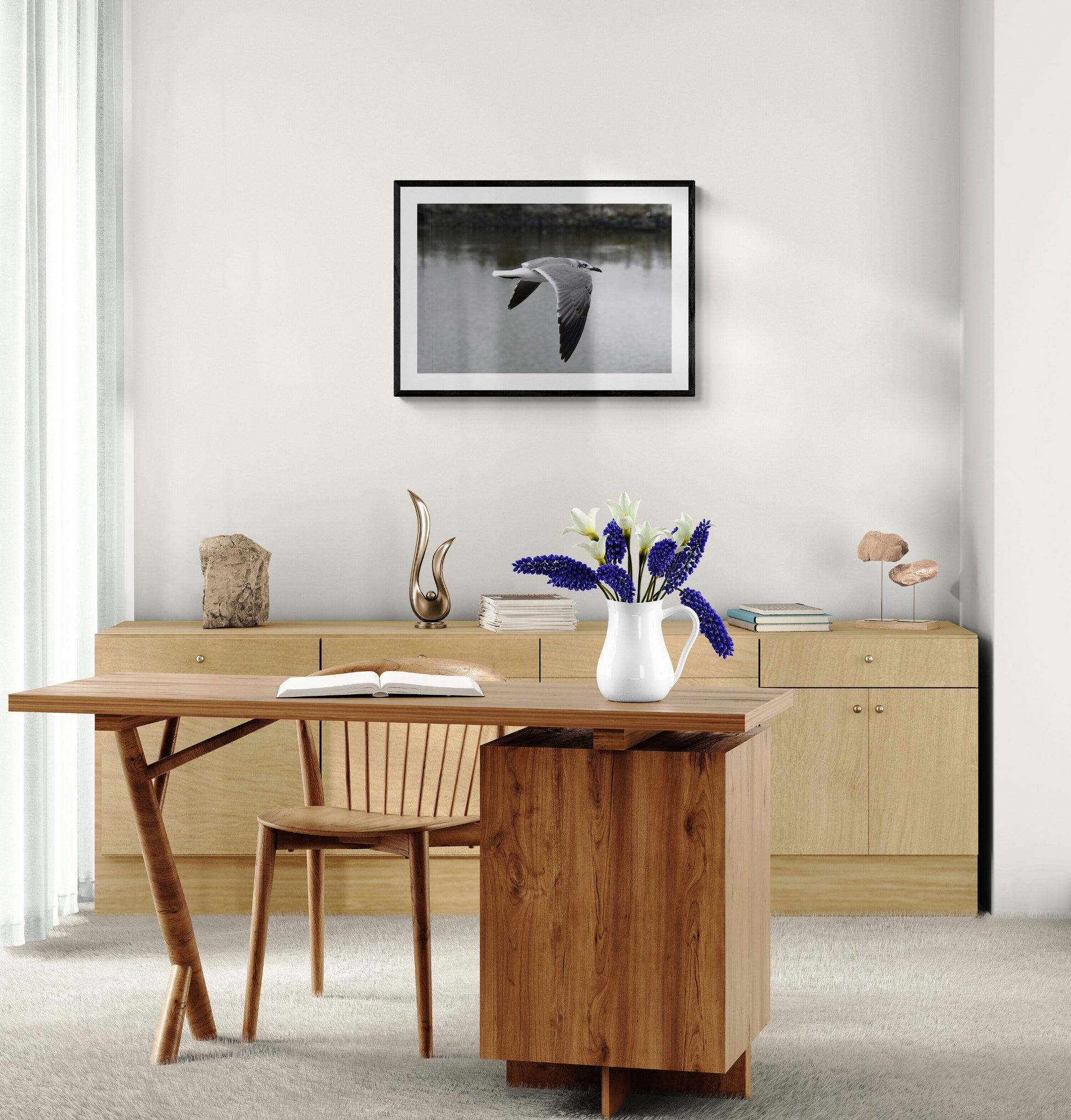 Modern home office with wooden desk, chair, and decor. Flying Seagull, Original Photograph by Kim A. Bailey