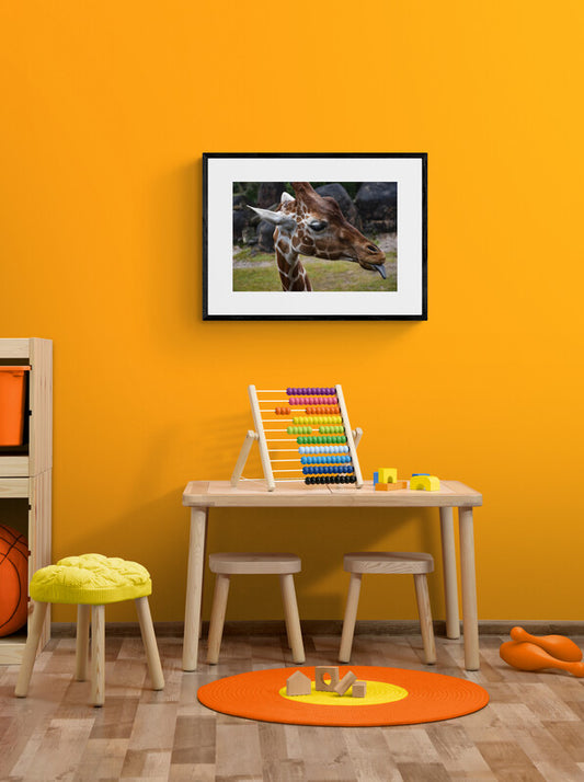 Giraffe's Tongue hanging on a bright yellow wall in a child's room