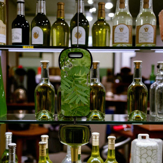 Phone case with leaf design in front of wine bottles on shelves