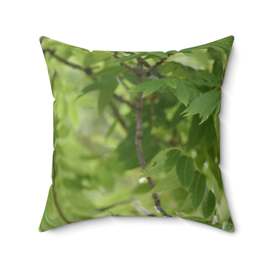 Pillow with green leaf pattern on a white background. Green Tree Leaves Faus Suede Throw Pillow by Kim Bailey