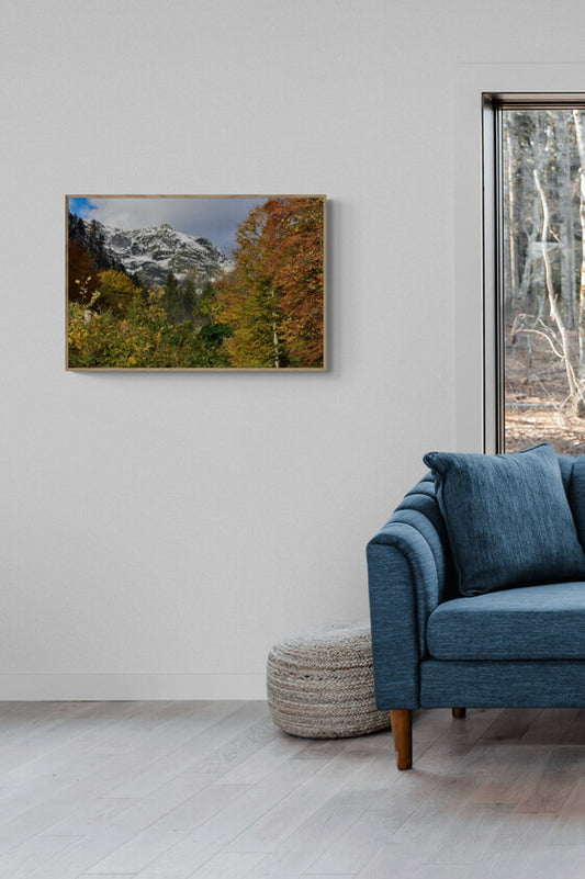 A scenic view of Hallstatt Mountain with a foreground of colorful trees and a snow-capped mountain range in the background. Hallstatt-Mountain-Original Photograph by Kim A. Bailey