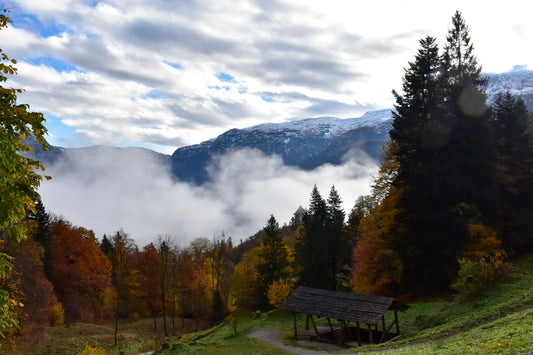 A scenic view of the Hallstatt village in Austria with a wooden structure in the foreground, surrounded by trees and misty mountains in the background.
