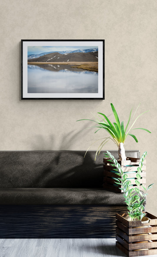 Framed landscape photo above a sofa with a plant in a wooden crate.