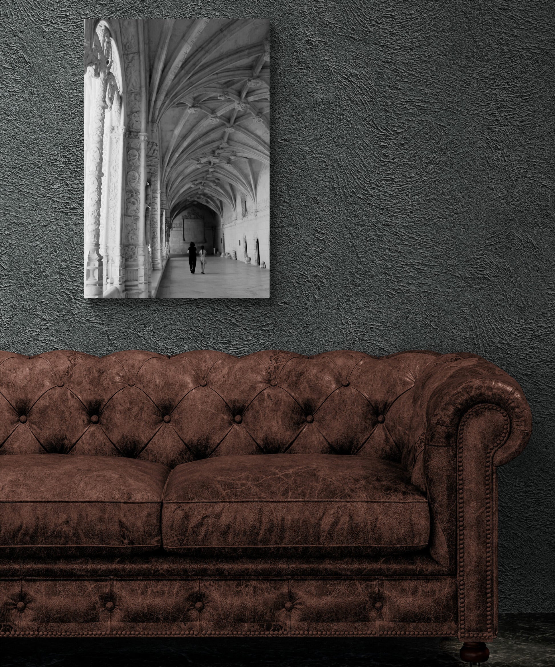 Jeronimos Monastery Lisbon, Portugal (B/W) Original Photograph by Kim A. Bailey Hanging over a dark leather sofa