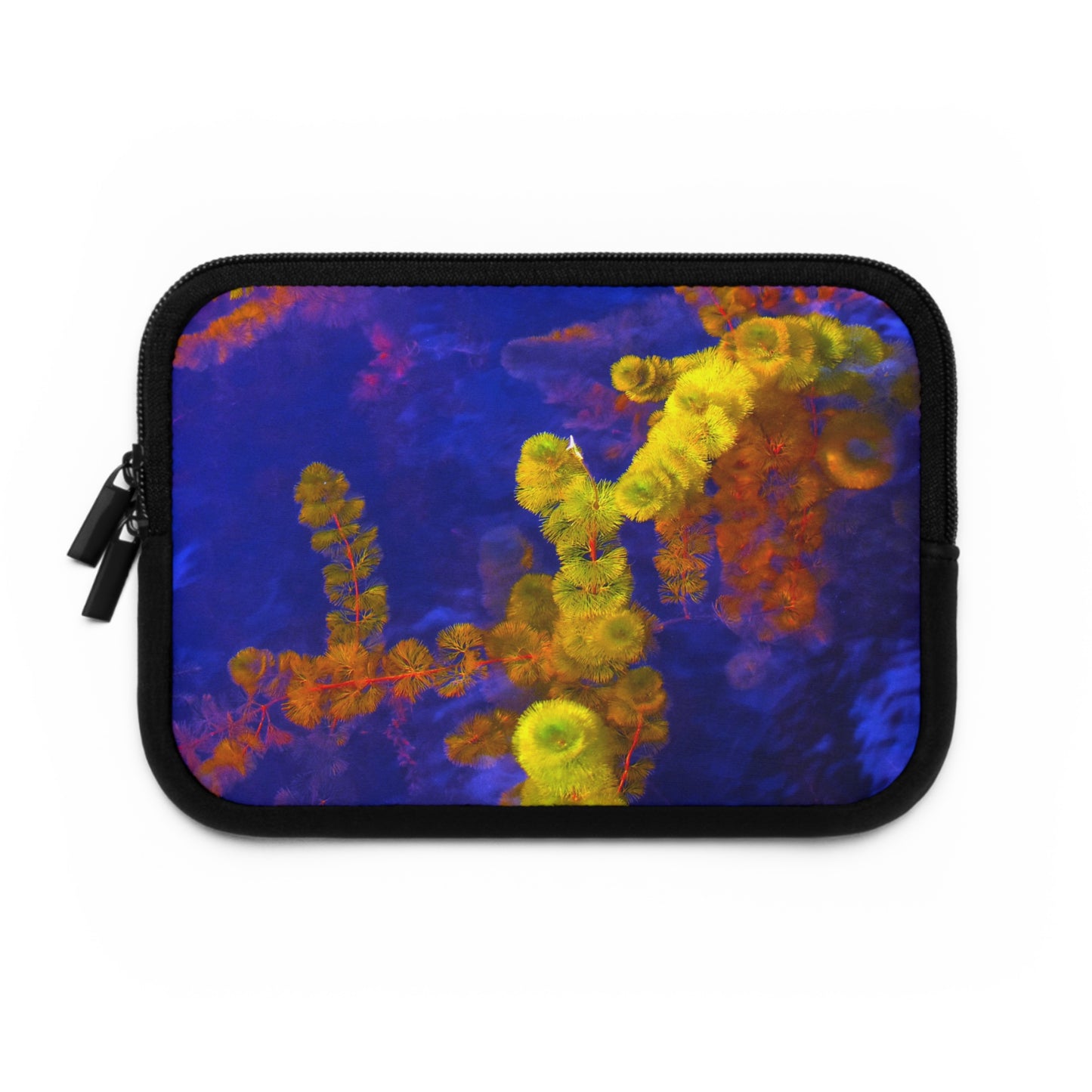 A laptop or tablet sleeve with a black back and a photograph featuring purple and yellow colors on the front.