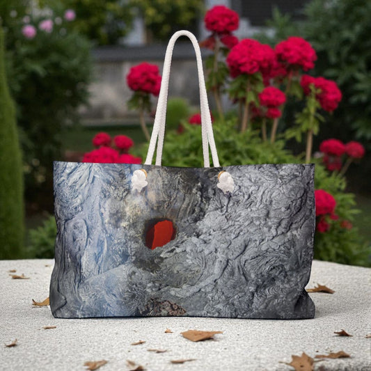 Marble-patterned tote bag with a red interior on a stone surface with flowers in the background