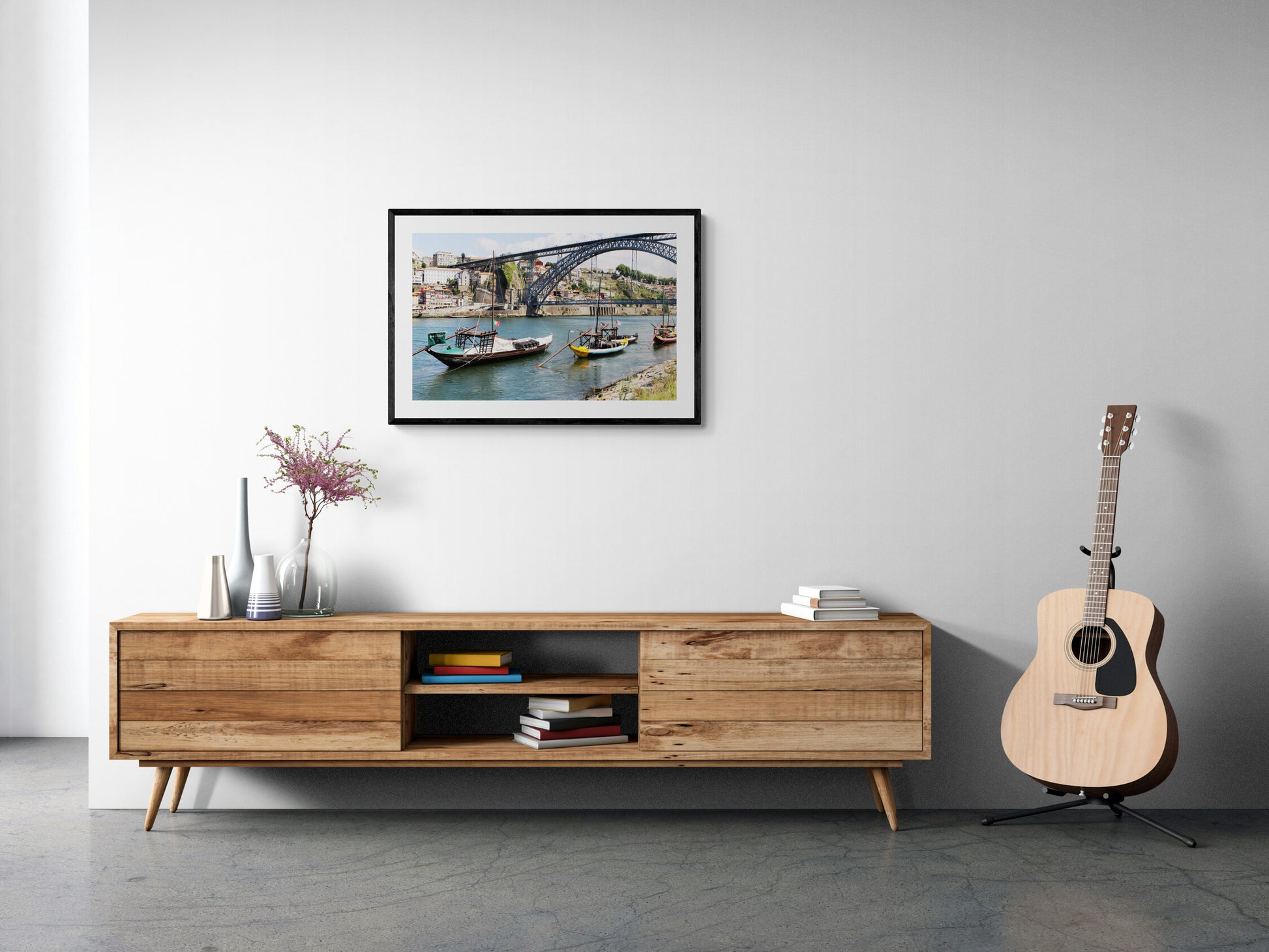 Wooden entertainment console with a guitar and wall art in a living room. Maria Pia Bridge, Porto Original Photograph by Kim A. Bailey