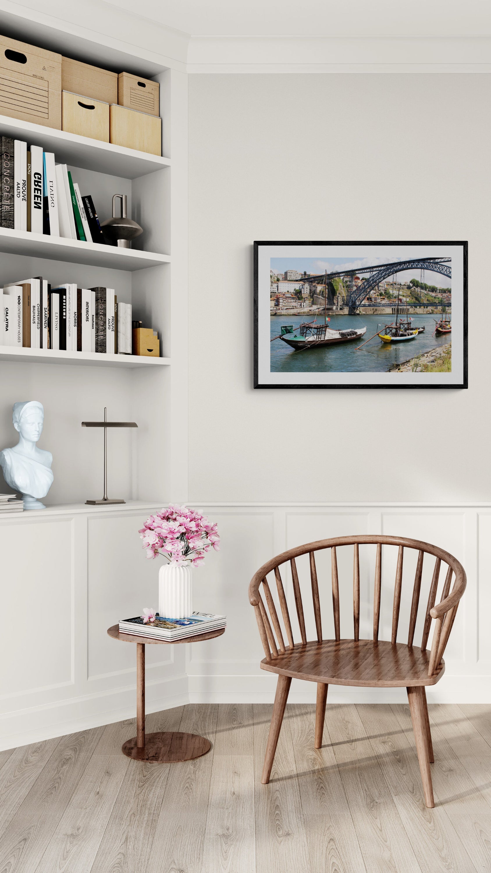 Framed photograph of a bridge over a river in a room with a chair and table. Maria Pia Bridge, Porto Original Photograph by Kim A. Bailey