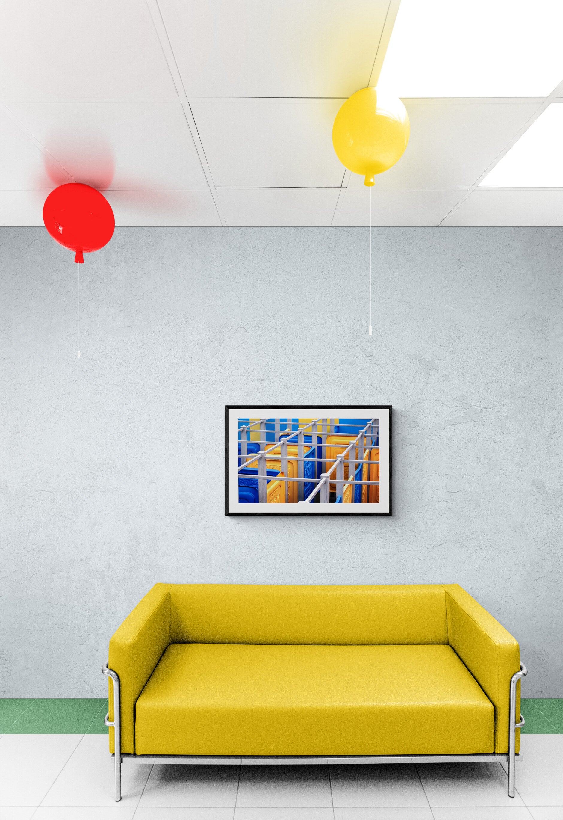 Yellow sofa in a modern living room with a abstract art piece and balloons.