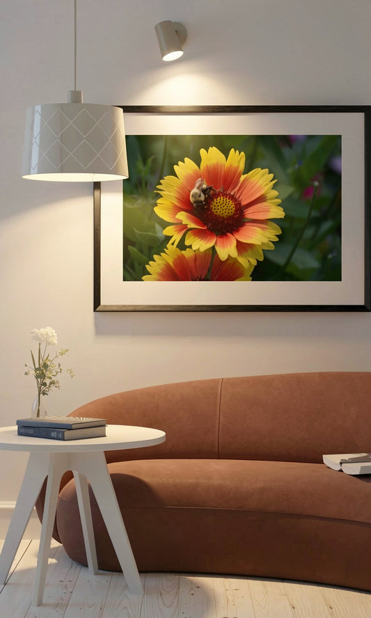A framed wall art print showing a close-up of a yellow and orange flower with a bee, displayed above a brown sofa in a modern living room setting.